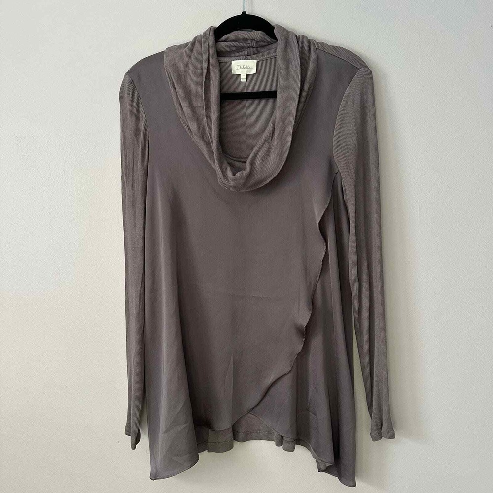 Deletta XS Top Mauve Grey Long Sleeve Cowl Neck Mixed Media Ribbed Wrap Front